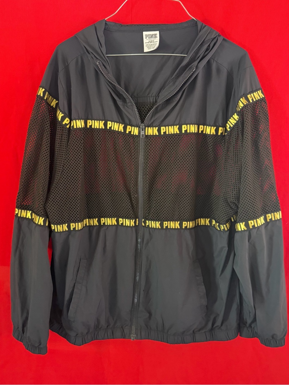 Victoria's Secret PINK Black Hooded Mesh-Panel Windbreaker with Gold Logo